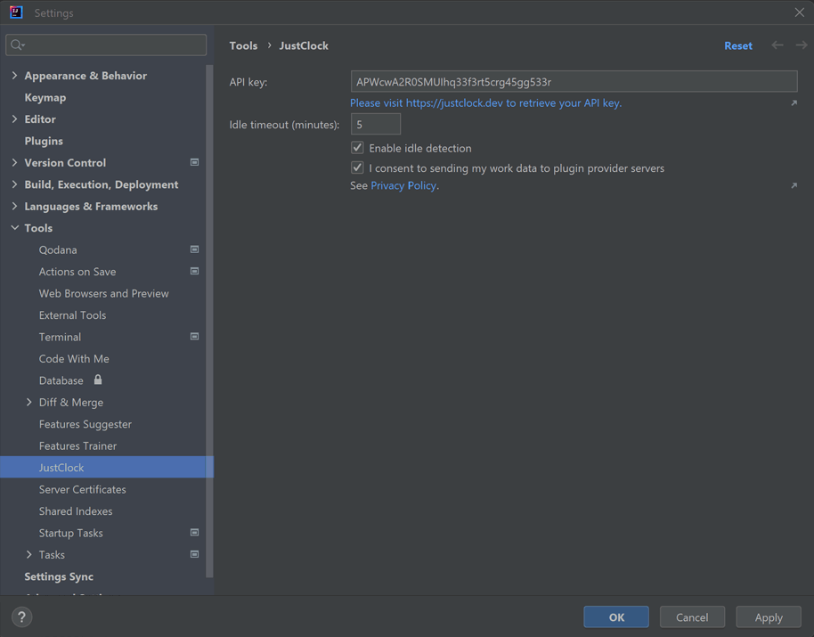 JustClock settings in RubyMine