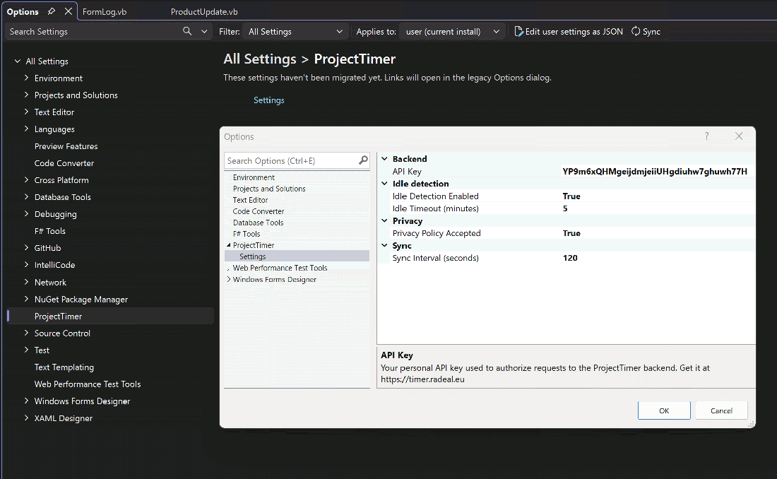 JustClock settings inside Visual Studio